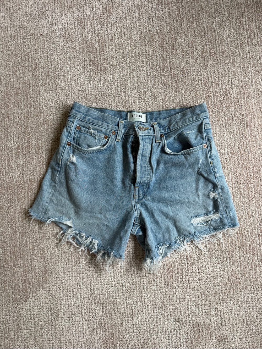 Agolde Faded Light Blue High-Rise Distressed Denim Shorts
